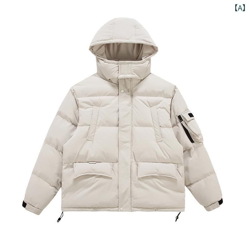 ダウンジャケット ユニセックス 冬 防風 厚手 防寒 保温 無地 スタンドカラー フード付き ジップアップ ゆったり ベーシック ホワイトダックダウン ポリエステル カジュアル