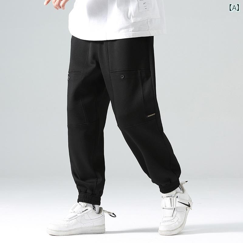 Trainer - カジュアルパンツ メンズ 男性用 春秋 トレンド 韓国風 ストリート ゆったり ルーズ ジョガーパンツ テーパード ドローストリング リブ裾 スウェット イージーケア ストレッチ 綿混 無地 黒 カーキ デイリー 普段使い