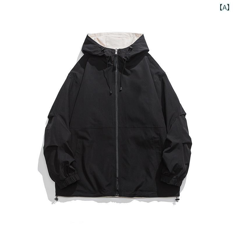 ジャケット ユニセックス 春秋 韓国風 薄手 リバーシブル フード付き ウィンドブレーカー コーデュロイ ポリエステル ゆったり オーバーサイズ カジュアル 普段使い アウトドア