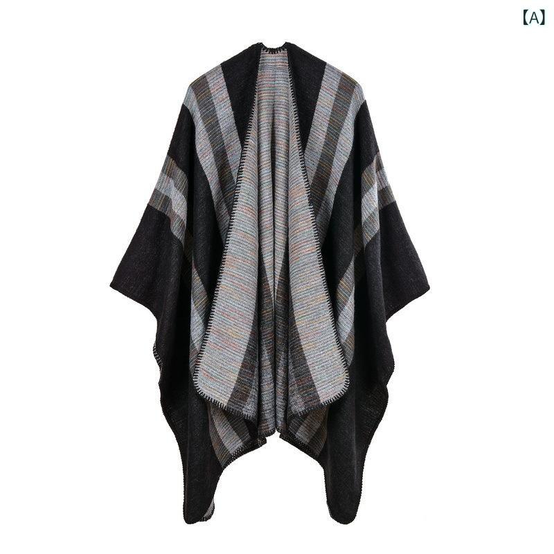 ショール レディース 女性用 フェイクカシミヤ 秋冬 大判 ロング丈 スリット フリンジ エスニック柄 幾何学模様 ストール ポンチョ 防寒 羽織り