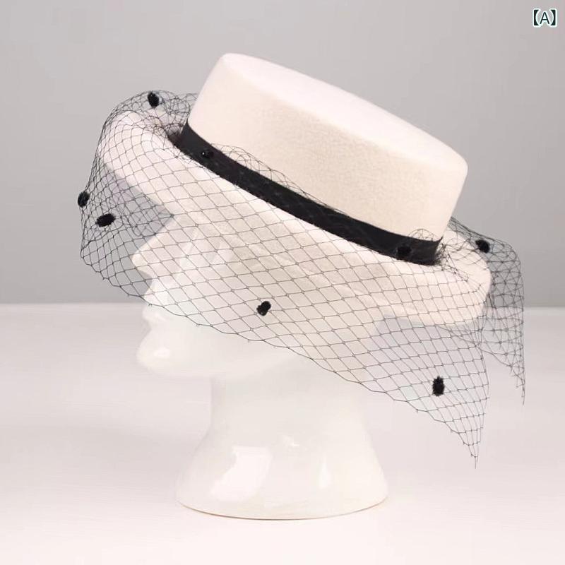 ハット レディース 秋冬 ウールフェルト メッシュベール レトロ ヘップバーン風 千金風 ヴィンテージ 上品 エレガント ミニハット 小つば 保温 防寒 お出かけ フォーマル(4)