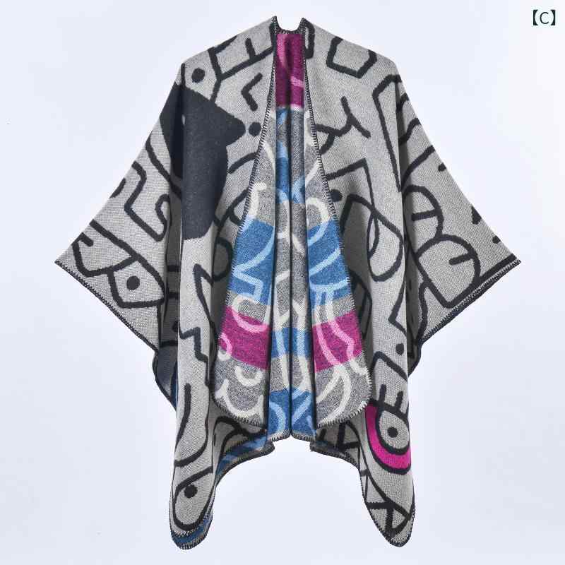 ストール レディース 大判 ポンチョ ケープ 欧米風 フェイクカシミヤ カシミヤタッチ 厚手 暖かい 防寒 シンプル カートゥーン柄 幾何学模様 秋冬 春