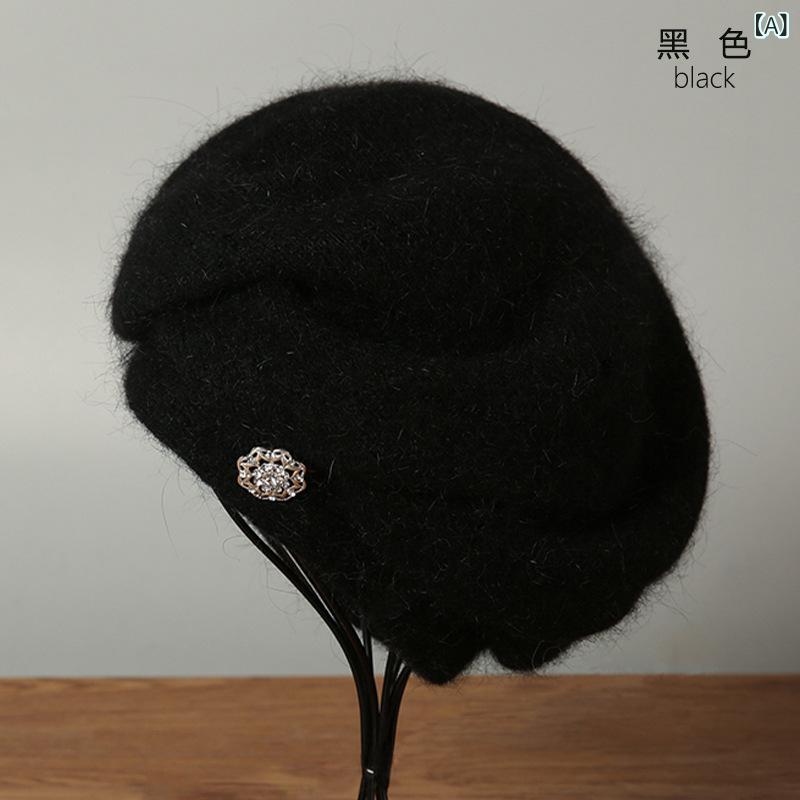 ベレー帽 レディース 女性用 ママ 秋冬 ラビットファー ウール 保温 防寒 防風 おしゃれ 上品 レトロ ヴィンテージ 無地 キャスケット 丸いフォルム 大きいサイズ ゆったり 普段使い お出かけ(4.0)