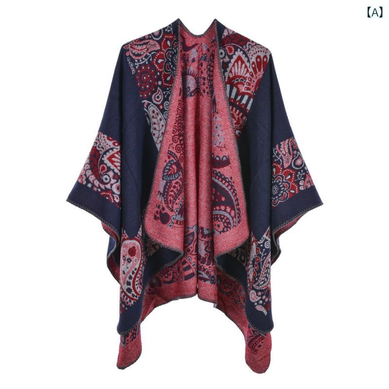 ショール レディース 女性用 マフラー ケープ ポンチョ 再生繊維 厚手 防寒 保温 2WAY 両用 スリット入り 中国風 エスニック レトロ 京劇柄 花柄 ジャカード織り ロールヘム アウトドア キャンプ 秋冬 装飾用