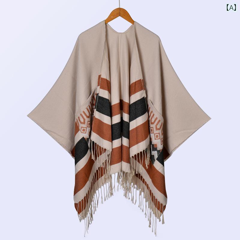 ショール レディース 女性用 民族風 ポンチョ 厚手 フェイクカシミヤ ポケット付き サイドスリット マ..
