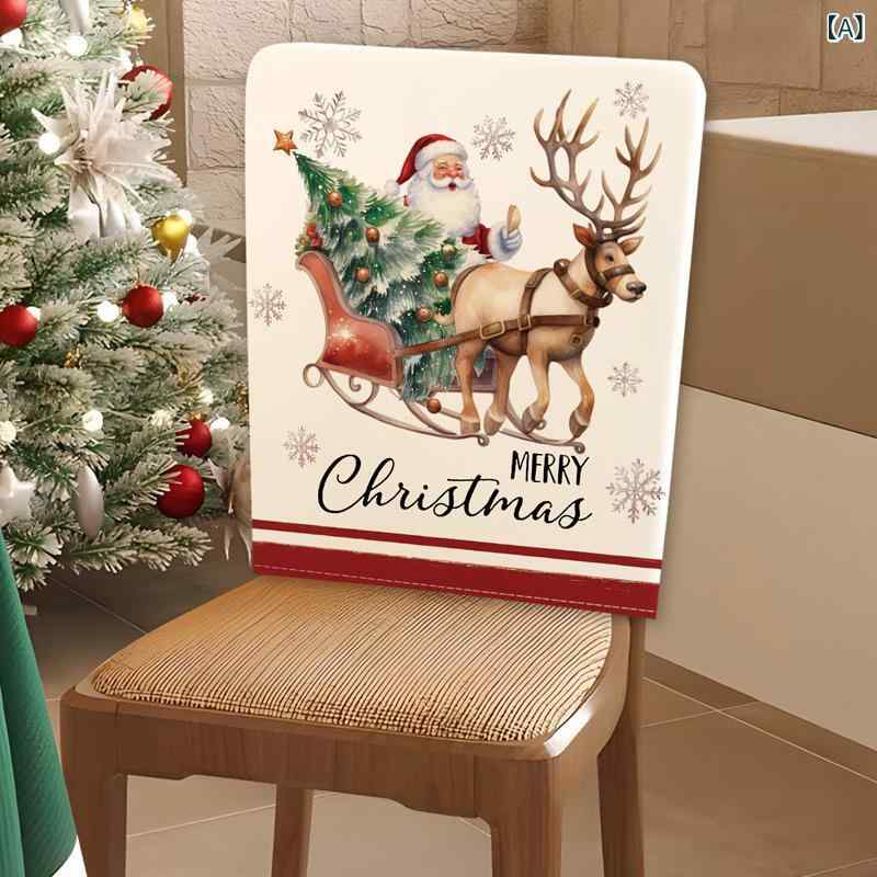 チェアカバー クリスマス お正月 新年 キャラクター柄 かわいい 背もたれ用 ハーフ丈 フランネル ベロア 起毛素材 ポリエステル製 キッチン ダイニング レストラン 食卓