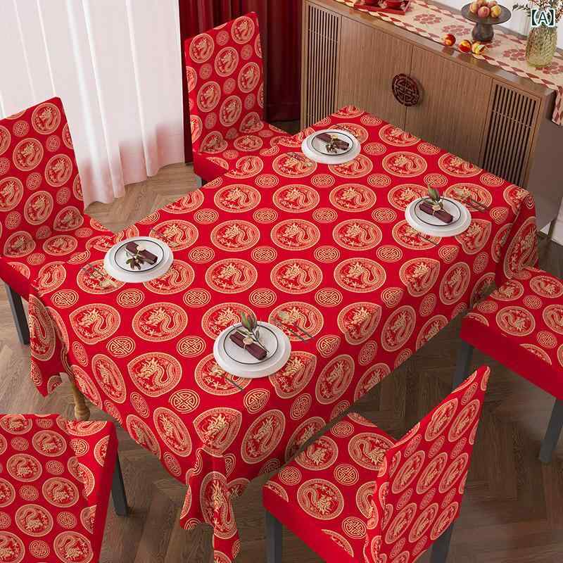 テーブルクロス 椅子カバー セット お正月 迎春 赤 レッド 全面カバー 伸縮 ストレッチ プリント柄 ダ..