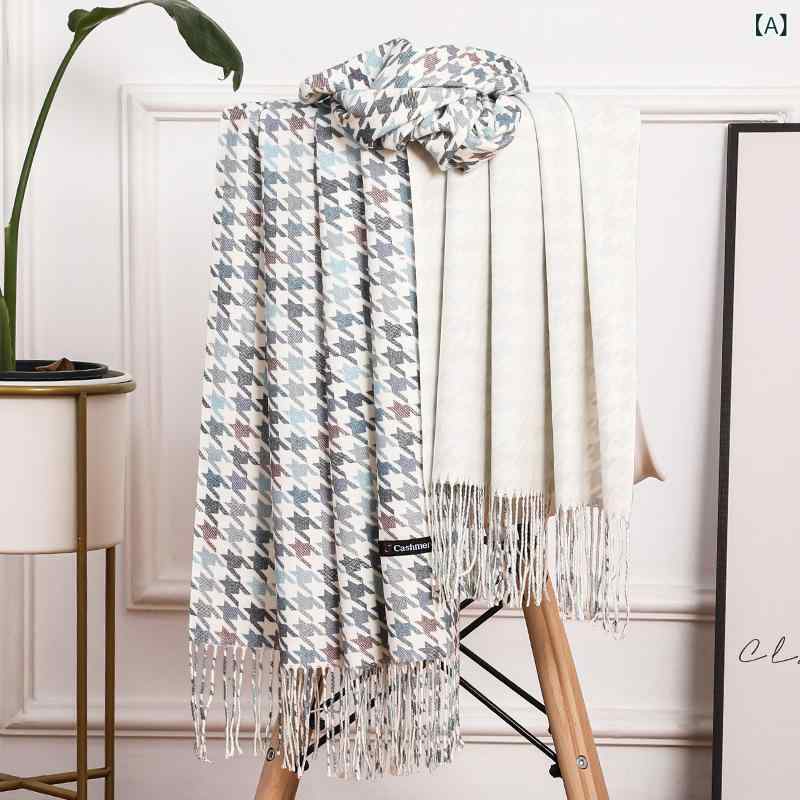 ストール 男女兼用 ペア カップル 千鳥格子 リバーシブル ウール 羊毛 カシミヤタッチ 冬 秋冬 防寒 あったか ベーシック カジュアル レッド 赤