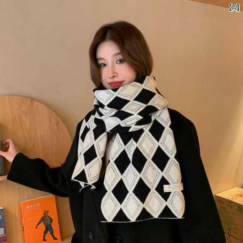 マフラー レディース 大判 厚手 ひし形格子柄 ニット カシミヤタッチ 秋冬 あったか 防寒 保温 韓国風 ..