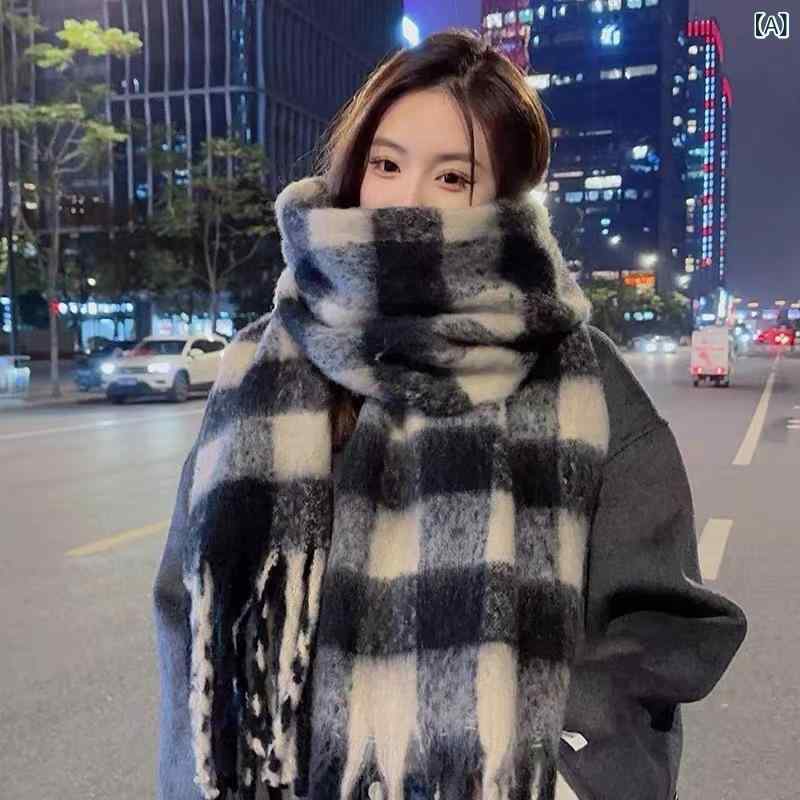 マフラー ストール ショール レディース 女性用 秋冬 フェイクカシミヤ カシミヤタッチ アクリル チェック柄 マラード 厚手 保温 防寒 高級感 普段使い