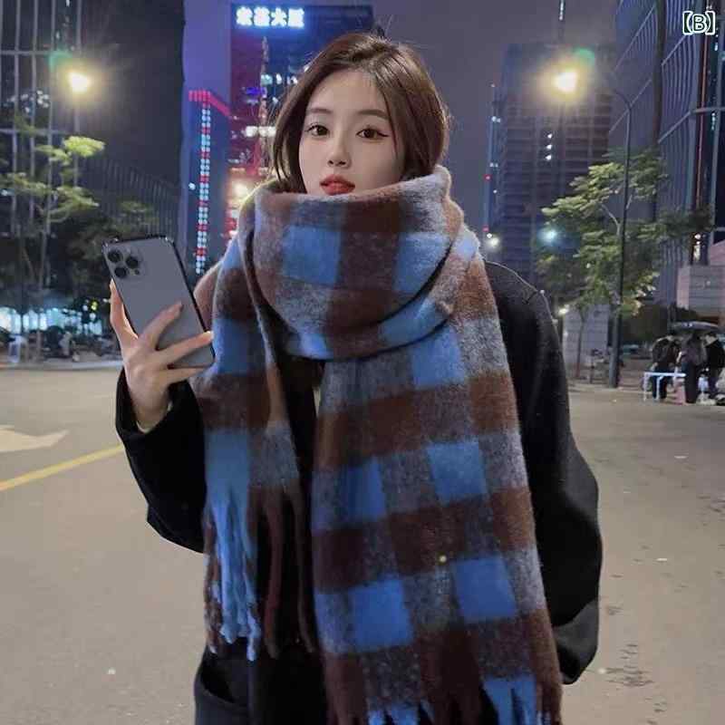 マフラー ストール ショール レディース 女性用 秋冬 フェイクカシミヤ カシミヤタッチ アクリル チェック柄 マラード 厚手 保温 防寒 高級感 普段使い 2