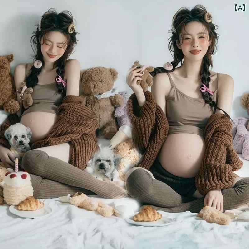 マタニティ 撮影衣装 妊婦 プレママ ニット 長袖 韓国風 ブラウン 茶系 高級感 雰囲気 上品 エレガント フォトスタジオ 記念撮影 セットアップ ポリエステル