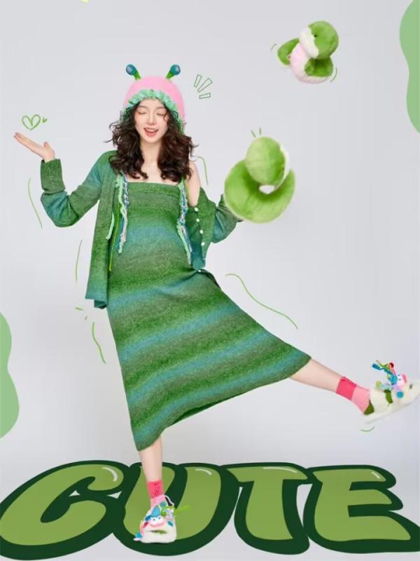 ニットセットアップ マタニティ 春 スタジオ撮影 記念写真 撮影用 グリーン ジャケット スカート 長袖 かわいい ゆったり フリーサイズ ポリエステル きれいめ 上品 妊婦服