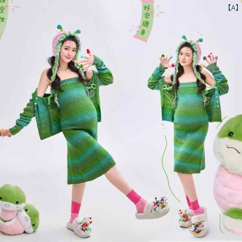 セットアップ マタニティ 妊婦 写真撮影用 グリーン ニット スカートセットアップ 長袖 ロングスカート アート写真 フォトスタジオ かわいい 清楚 フロッキー加工 ポリエステル ラグランスリーブ フェミニン