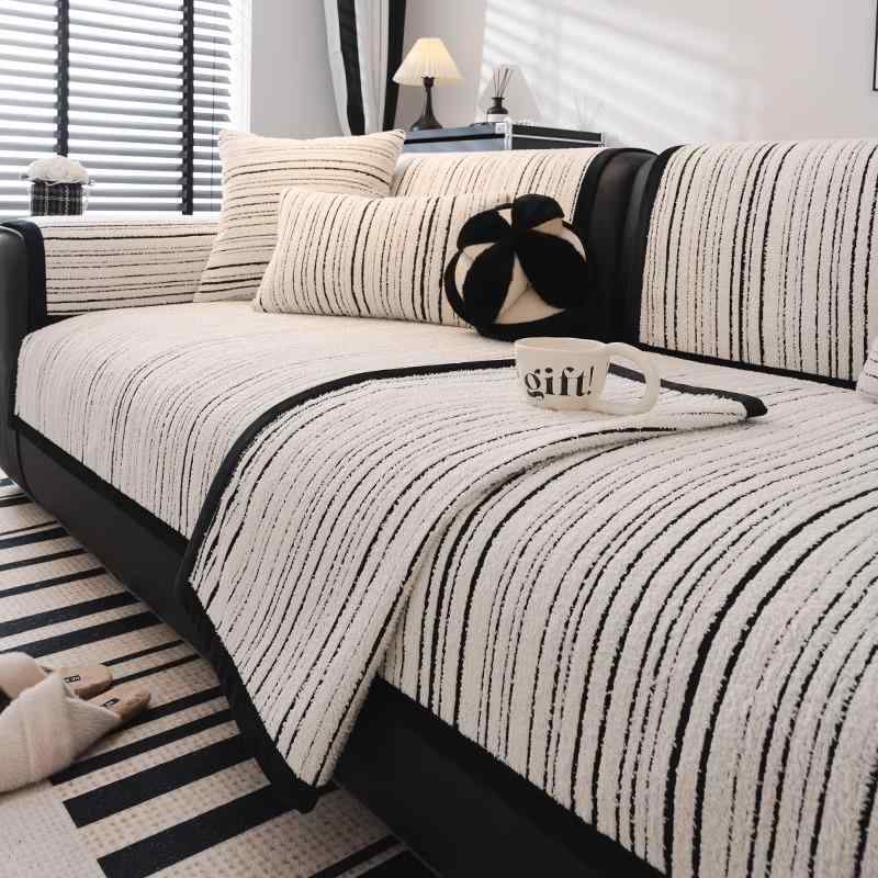 ソファカバー オールシーズン対応 滑り止め モノトーン ストライプ柄 シンプル モダン ポリエステル製 ..