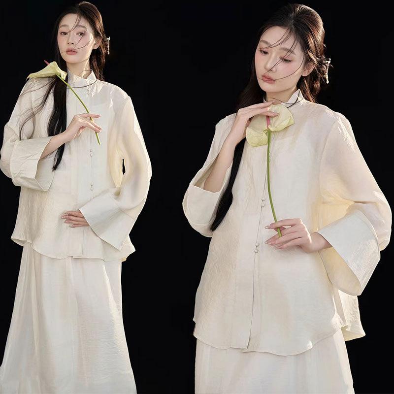 スカートセットアップ レディース 女性用 新チャイナ風 軽やか 禅風 レトロ アンティーク 中華風 上品 トップス ロングスカート ポリエステル 撮影衣装 写真撮影 イベント お呼ばれ 春夏