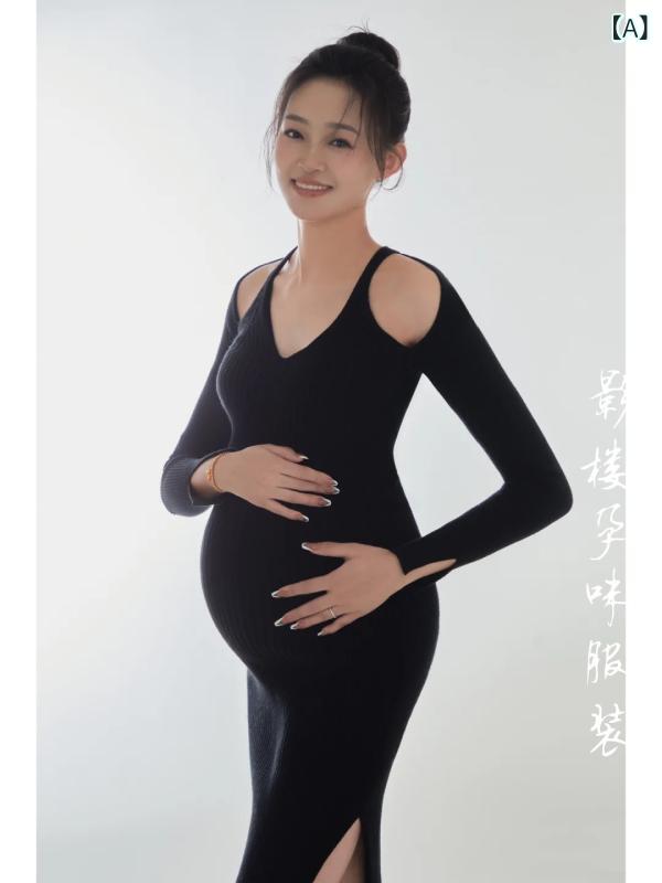 ワンピース マタニティ 妊婦 キャミソールワンピース ブラック 伸縮性 ストレッチ ニット スリット シ..