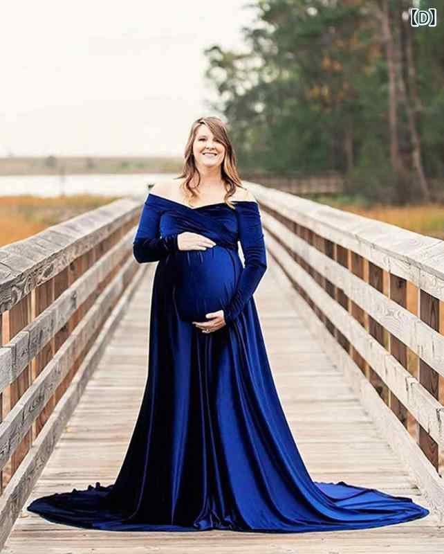 ワンピース レディース マタニティ 妊婦用 秋冬 Vネック 長袖 ベルベット 厚手 トレーンデザイン ロング丈 撮影用 欧米風 アクリル混