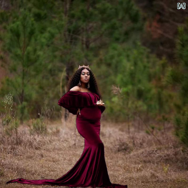 ワンピース レディース マタニティ 秋冬 欧米風 ベルベット生地 高級感 綿混 フリル襟 長袖 トレーン ハイウエスト 撮影 ロングドレス パーティ お呼ばれ 切り替え レース