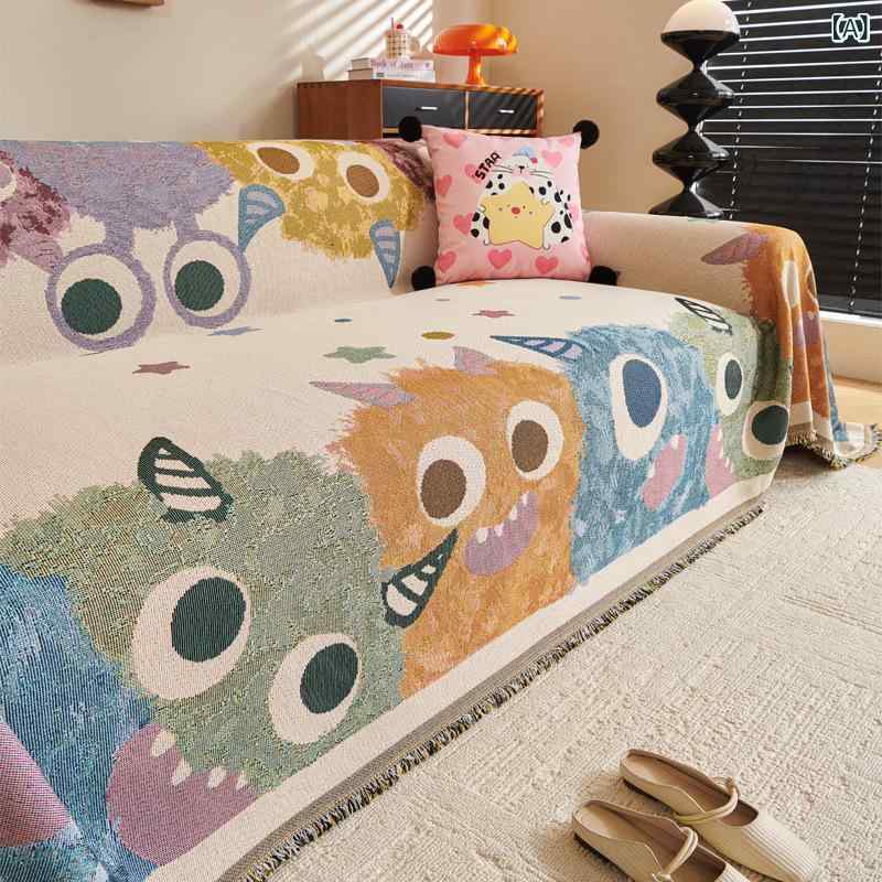 ソファカバー モンスター柄 かわいい アニメ風 防塵 全面カバー 多機能 マルチカバー ソファブランケット ひざ掛け ワッフル生地 オールシーズン 三人掛け オフホワイト ライトグレー