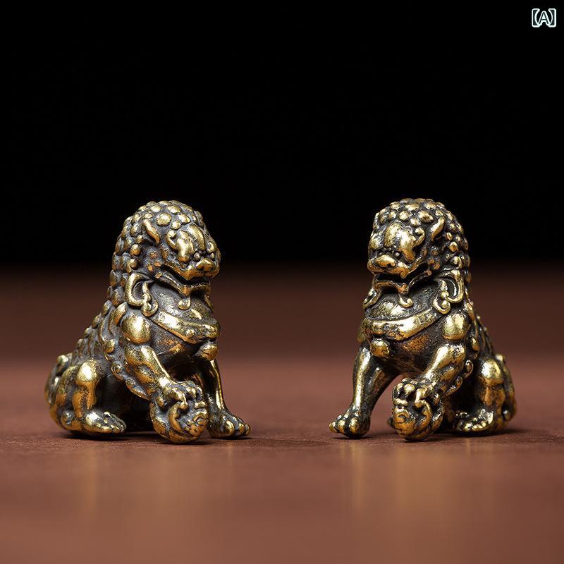 China Ornaments - 置物 純真鍮 無垢 手作り 中国風 骨董品風 獅子 瑞獣 宝珠飾り デスク オフィス 書斎 リビング 玄関 オブジェ 茶道具 縁起物 風水 高級感
