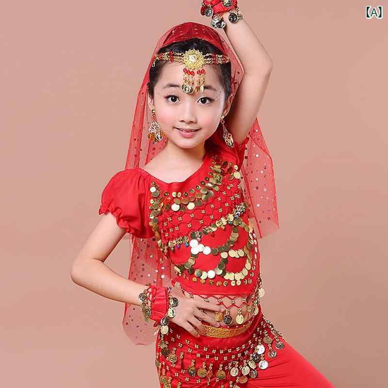ダンス衣装 子供 女の子 幼児向け ベリーダンス インド舞踊 発表会 パフォーマンス 練習着 セットアップ トップス 華やか シフォン ポリエステル