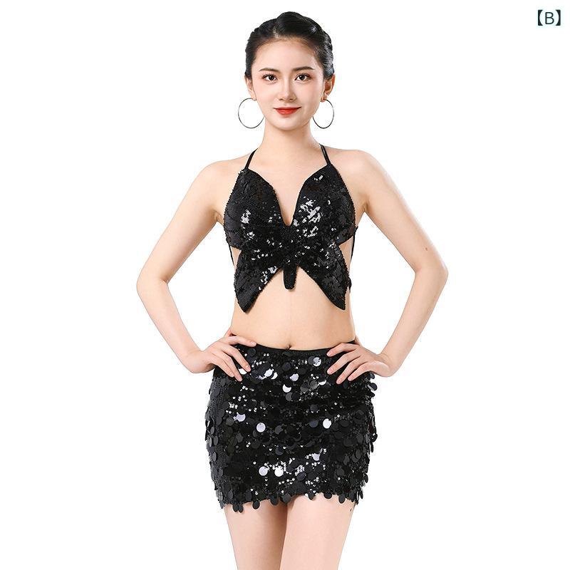 ダンス衣装 レディース スパンコール ミニ丈スカート セットアップ ベリーダンス 蝶々トップス スリムフィット パーティー 発表会 ステージ 舞台 ポリエステル素材 ゴールド ブラック シルバー セクシー ボディコン 春夏 2