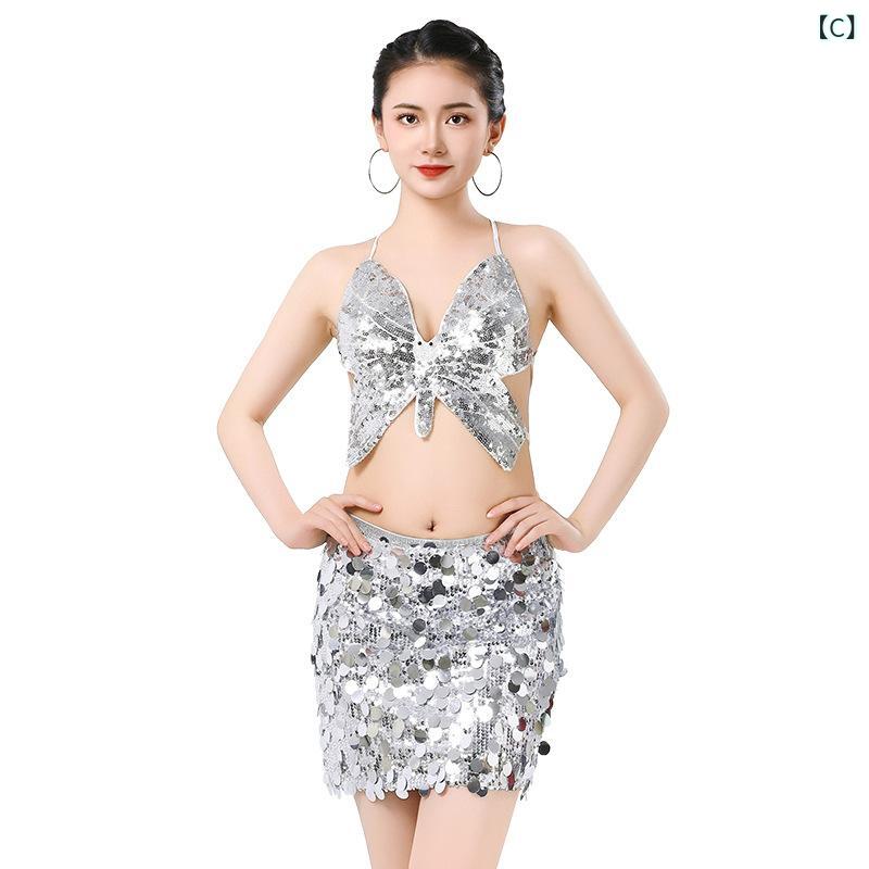 ダンス衣装 レディース スパンコール ミニ丈スカート セットアップ ベリーダンス 蝶々トップス スリムフィット パーティー 発表会 ステージ 舞台 ポリエステル素材 ゴールド ブラック シルバー セクシー ボディコン 春夏 3