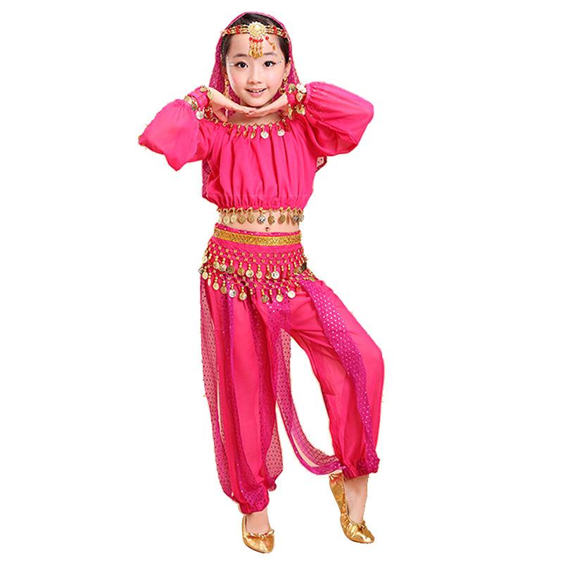 ダンス衣装 キッズ 女の子 インド舞 ベリーダンス 新疆民族舞 発表会 ステージ 舞台 演劇 イベント 衣装 シフォン素材 ポリエステル 赤 黄 ローズ ピンク