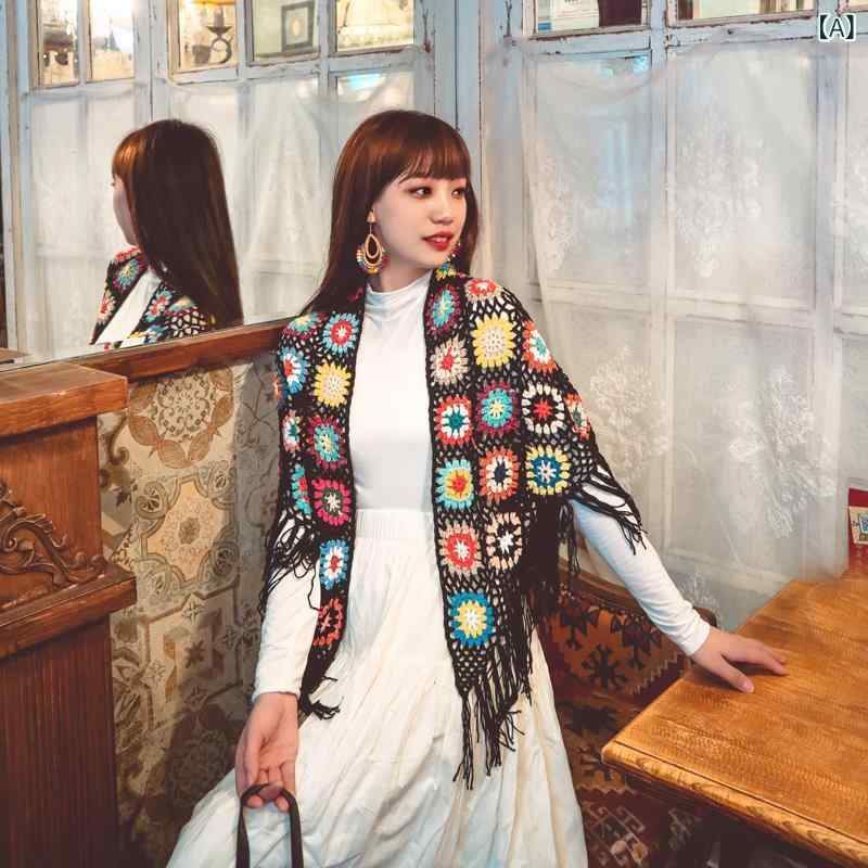 ショール レディース ボヘミアン クロシェ編み フリンジ エスニック柄 レース 透け感 マフラー ポンチョ風 ニット 春秋