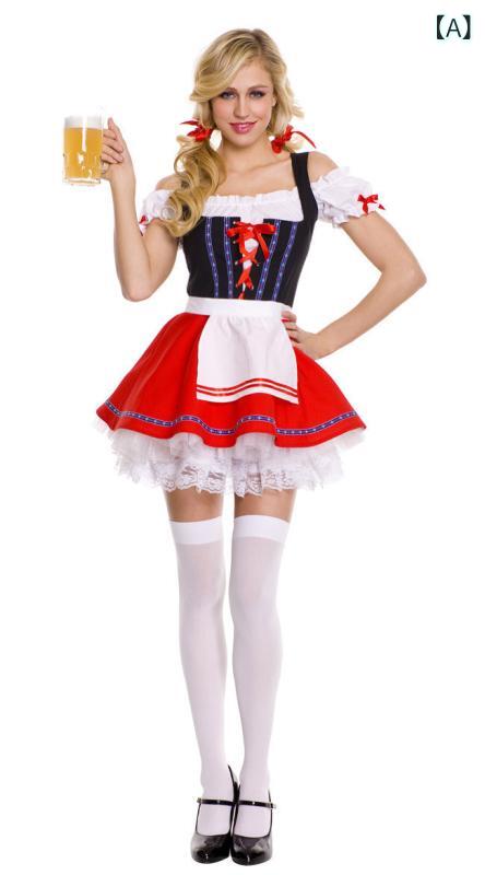 コスチューム レディース 女性用 ドイツ ビール祭り オクトーバーフェスト メイド服 ビールガール 制服 ポリエステル素材 イベント 衣装 仮装 ハロウィン コスプレ レッド 赤色