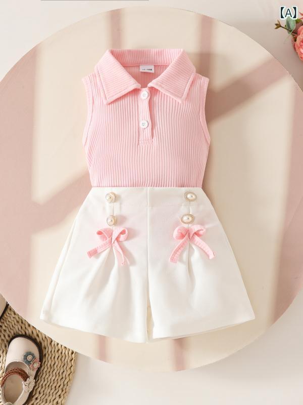 セットアップ ベビー 女の子 幼児 子供服 春夏 ノースリーブ 開襟 ハイウエスト ワイド ショートパンツ..