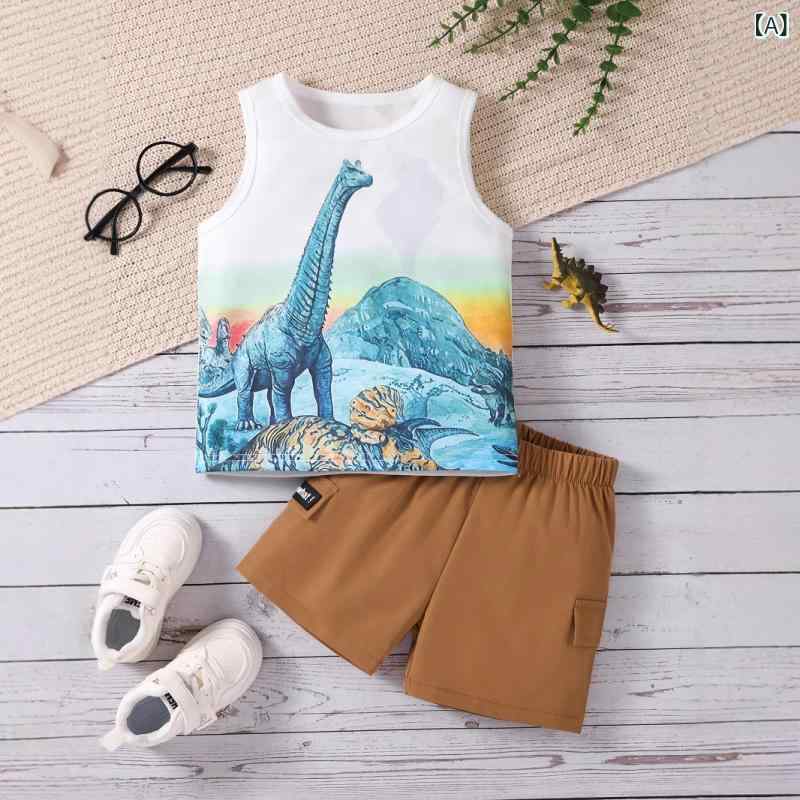 男の子用 キッズ セットアップ 上下セット かわいい 恐竜プリント ノースリーブ タンクトップ ショート..