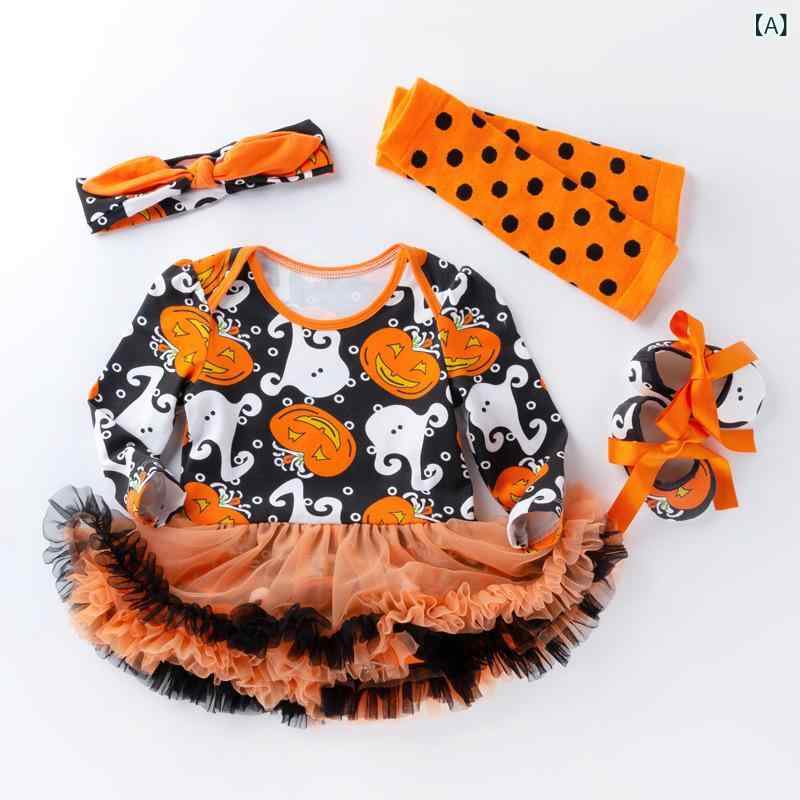 ベビー服 女の子 秋冬 ハロウィン 長袖 ロンパースワンピース よちよち歩き ファーストシューズ ソックス セット コットン 綿素材 かわいい カートゥーン柄 スカル カボチャ 魔女 水玉模様 欧米風 肌に優しい 股下 スナップボタン