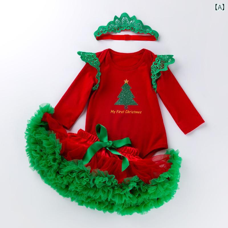 ベビー服 女の子 赤ちゃん 幼児 新生児 クリスマスツリー 長袖 ロンパース チュチュスカート セットアップ 綿 プリンセス リボン チュール ふわふわ かわいい 秋冬 イベント パーティー レッド