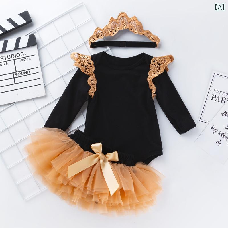 Baby girl's outfit, 0-2 years old, spring/autumn, long-sleeved romper, bottoms, and tulle skirt, 3-piece set, cotton, princess doll style, black, cute, everyday wear, outings.