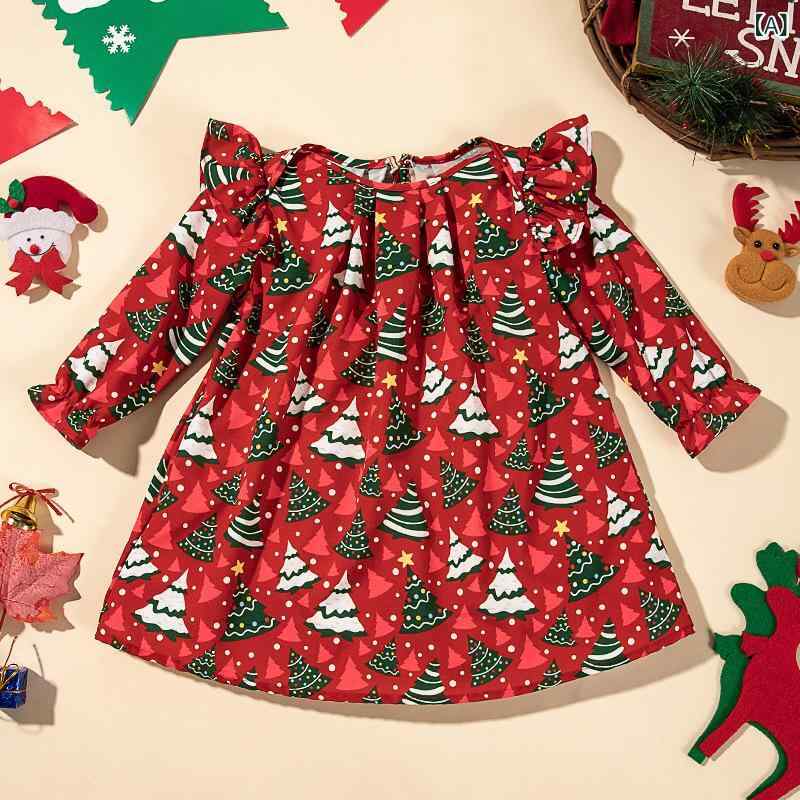 ワンピース 女の子 ベビー ドレス 長袖 ゆったり プリンセスライン クリスマスデザイン 総柄 かわいい ポリエステル素材 柔らかい肌触り 赤 白 秋冬 普段着 お出かけ着