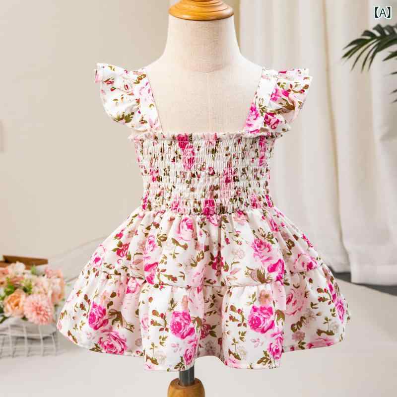 ワンピース キッズ 女の子 プリンセス キャミソール ギャザー バックオープン ショート丈 花柄 かわいい ポリエステル