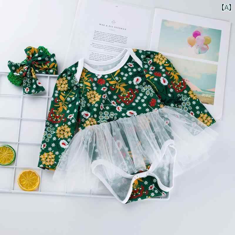 ロンパース 女の子 ベビー 女児 長袖 綿 コットン 韓国風 プリンセスドレス ワンピース 花柄 フラワー ..