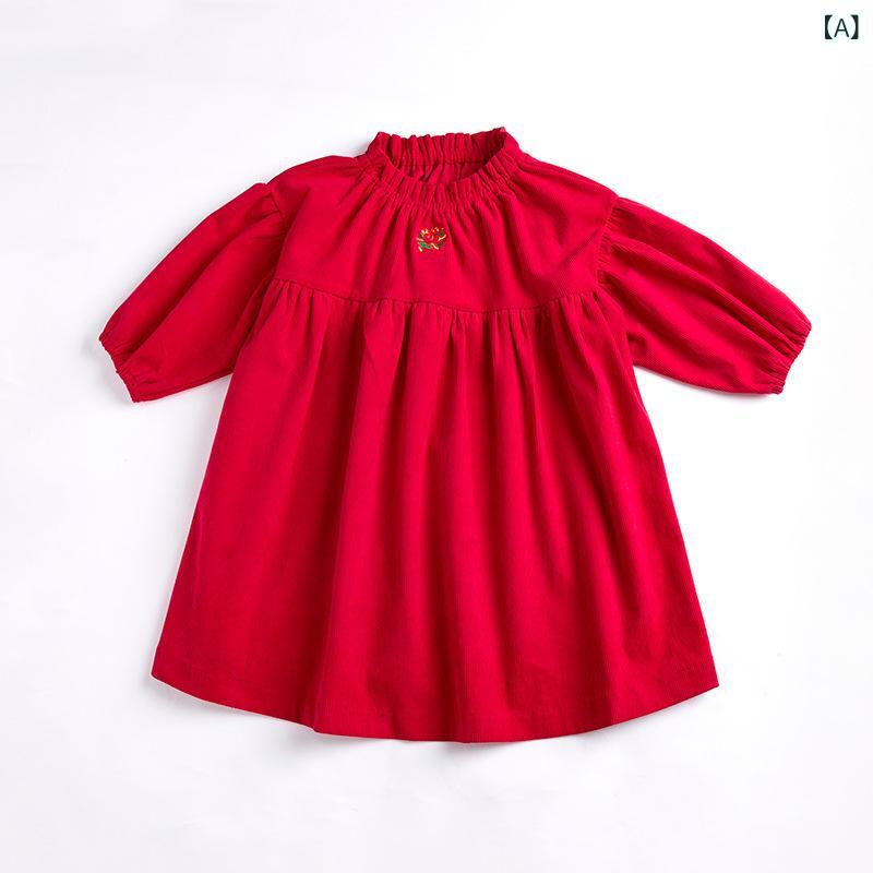 ワンピース キッズ 女の子 クリスマス 刺繍 コーデュロイ フリル袖 Aライン プリンセススタイル かわいい 綿混 柔らかい お出かけ 普段着 秋冬 レッド グリーン