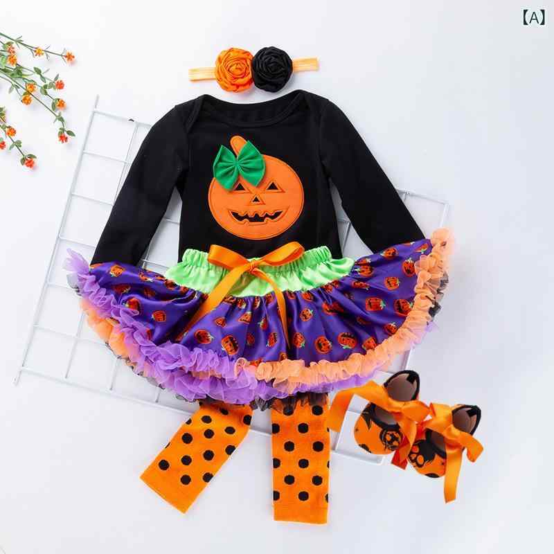 ベビー服 女の子 新生児 秋冬 ハロウィン カボチャ 仮装 コスプレ 衣装 長袖 ロンパース スカート 5点セット コットン 柔らかい かわいい おしゃれ リボン