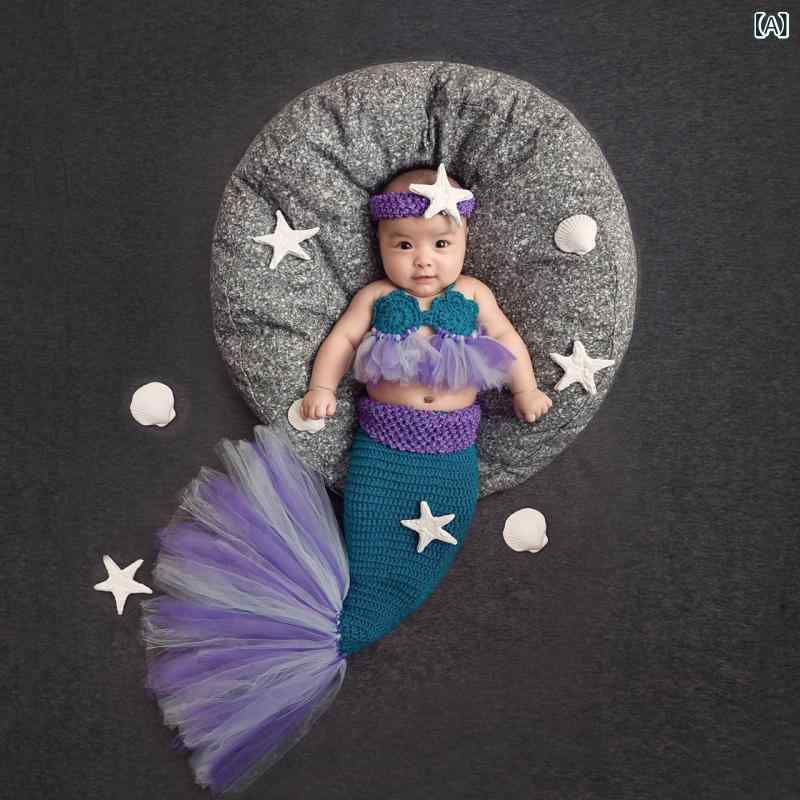 ベビー コスチューム 新生児 赤ちゃん 撮影 衣装 スタジオ写真 マーメイド 人魚 ニット編み 紫色 かわいい 柔らかい 綿素材 記念撮影