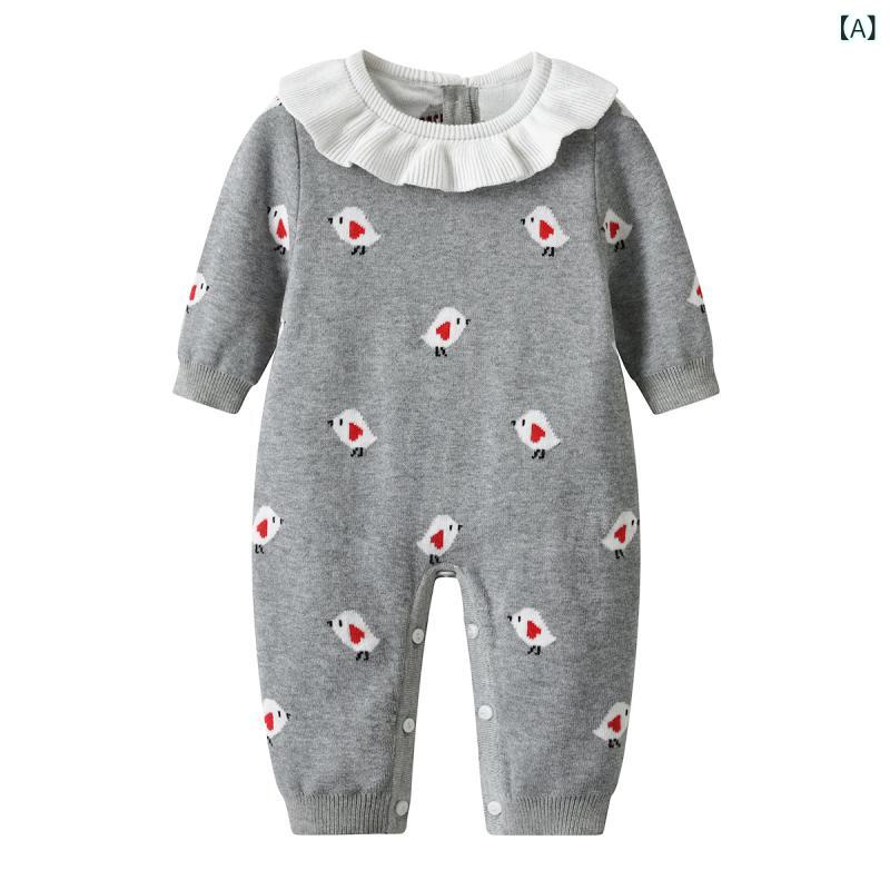 ロンパース ベビー 乳幼児 女の子 春秋 ダブルコットンニット セーター カバーオール 長袖 フリル襟 小鳥柄 グレー 韓国風 普段使い お出かけ服