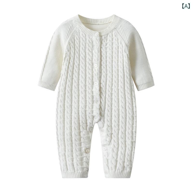 Rakuten - ロンパース ベビー 新生児 男女兼用 春秋 ニット ケーブル編み フード付き 長袖 前開き スナップボタン 綿100% コットン 白 ホワイト 普段使い おでかけ 肌に優しい やわらか 快適 0歳 1歳