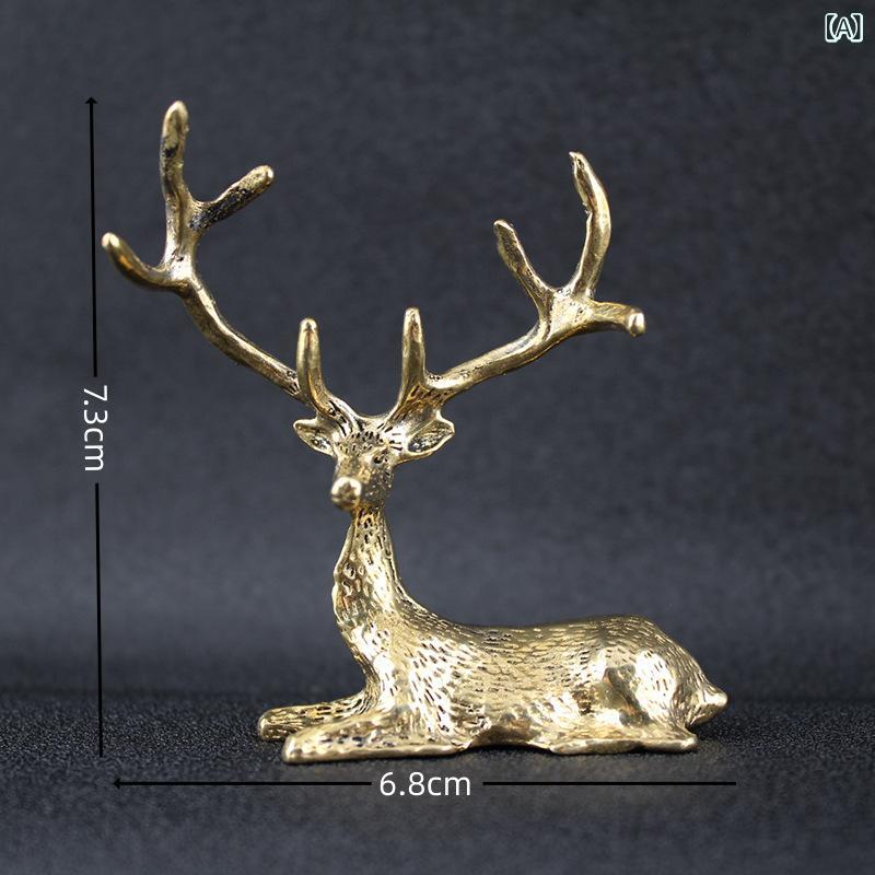 置物 角付きトナカイ 真鍮製 動物モチーフ 卓上 インテリア デスク オフィス リビング 玄関 書斎 応接室 装飾 工芸品 茶寵 中華風 エキゾチック(3)