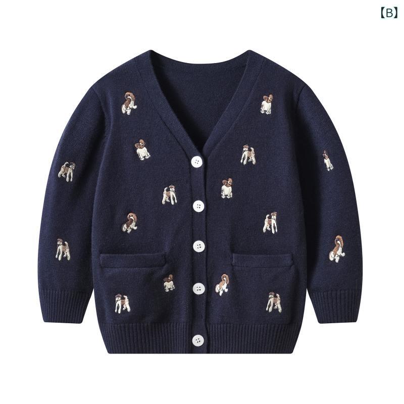 カーディガン 男の子 キッズ 子供服 幼児 春秋 長袖 Vネック 帆船 刺しゅう ニット 前開き シングルボタン 韓国風 カジュアル 柔らかい 肌触り 再生繊維