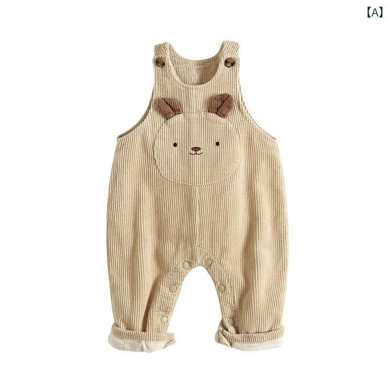 サロペット ベビー キッズ 男女兼用 裏起毛 コーデュロイ かわいい くま柄 長ズボン 防寒 あったか オ..