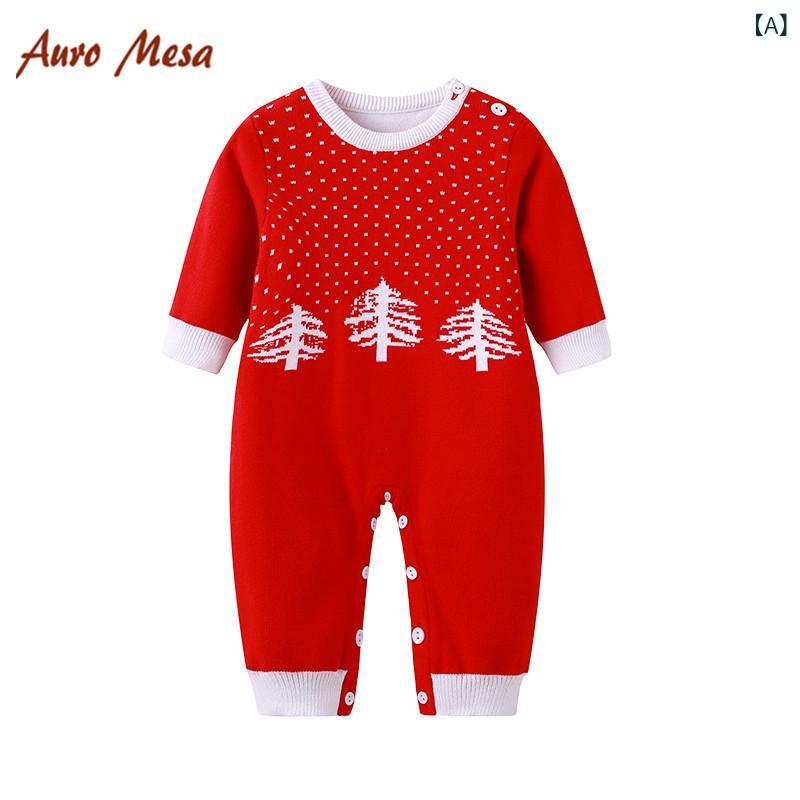 ベビー服 ロンパース 男の子 女の子 新生児 赤ちゃん 綿 コットン 100% 赤色 クリスマスツリー柄 長袖 ..