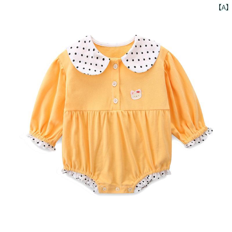 ベビー 女の子 長袖 ロンパース ドット柄 切り替えデザイン イエロー 綿 コットン素材 春秋 肌触り抜群..