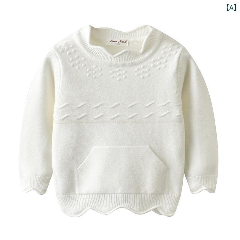 トップス 女の子 春秋 ホワイト 波型 丸首 長袖 ニットセーター キッズ ベビー インナー ベーシック 着回し 普段使い かわいい プリンセス 韓国風 おしゃれ(4.0)